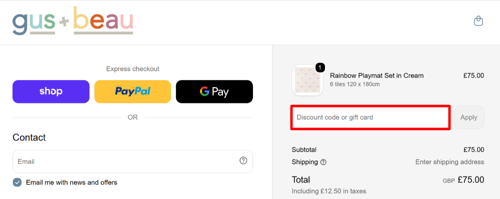 The gus and beau checkout page with where to paste the gus and beau voucher code in a red box