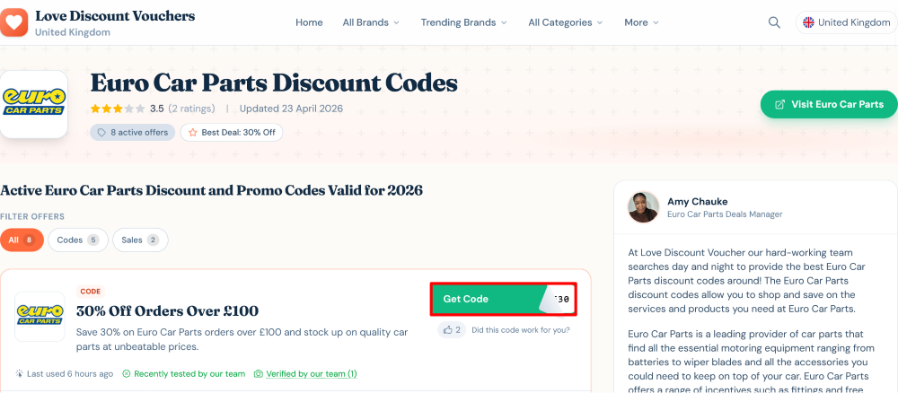 Euro Car Parts Love Discount Vouchers page where a discount code is copied