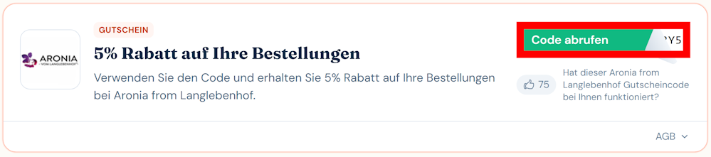 Angaben zu einem Rabattcode für Aronia from Langlebenhof mit rotmarkiertem grünen Button