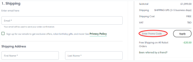 A box where you can add your iRobot promo code to redeem it