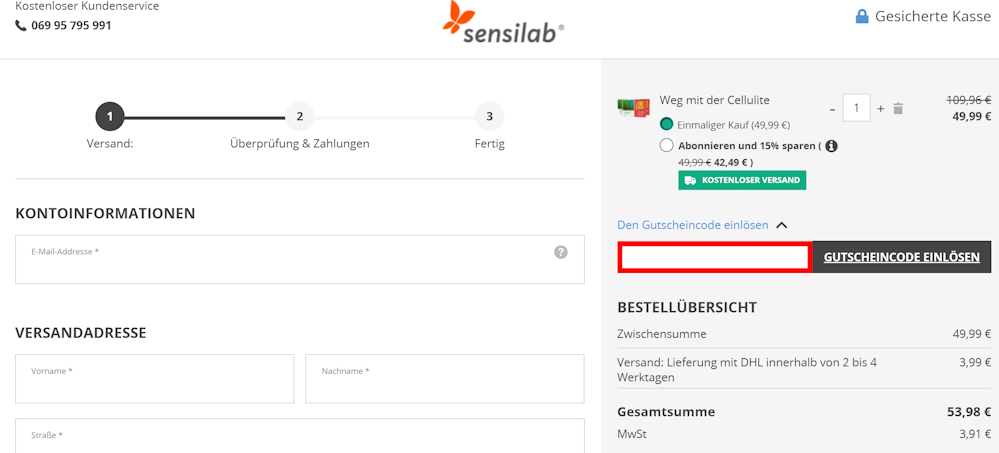 Check-out von Sensilab mit einem markierten Eingabfeld für den Gutschein