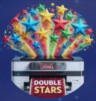 A slot machine with a vibrant display of colourful stars erupting from top