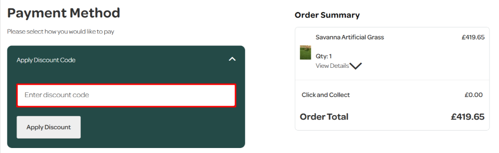 The Grass Direct checkout page with where to paste the Grass Direct discount code in a red box