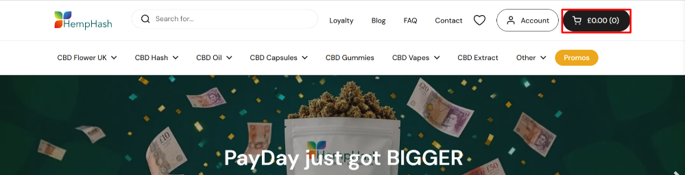 The Hemphash homepage with the shopping categories