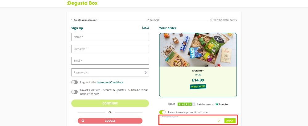 The Degusta Box sign-up page and a Degusta Box promotional box