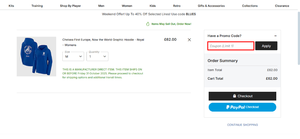 Chelsea Football Club's cart where you can apply your Chelsea Football Club discount code