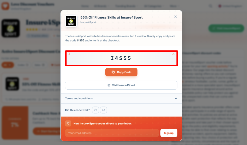Copy your code and visit Insure4Sport
