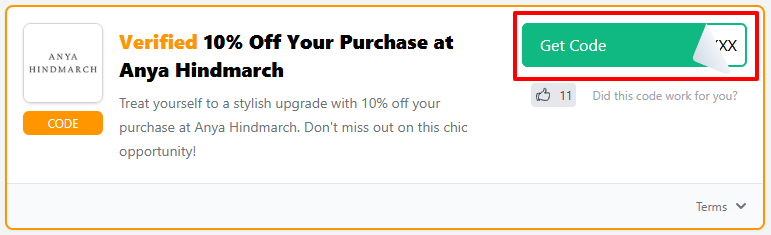 A Anya Hindmarch voucher code with "Get Code" in a red box.