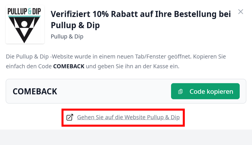 Ein offener Rabattcode für Pullup & Dip mit einem rotmarkiertem Link darunter