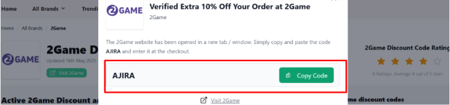 A 2Game discount code on an onscreen page on our site