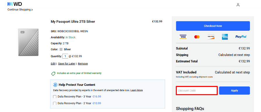 Apply your Western Digital promo code before you pay