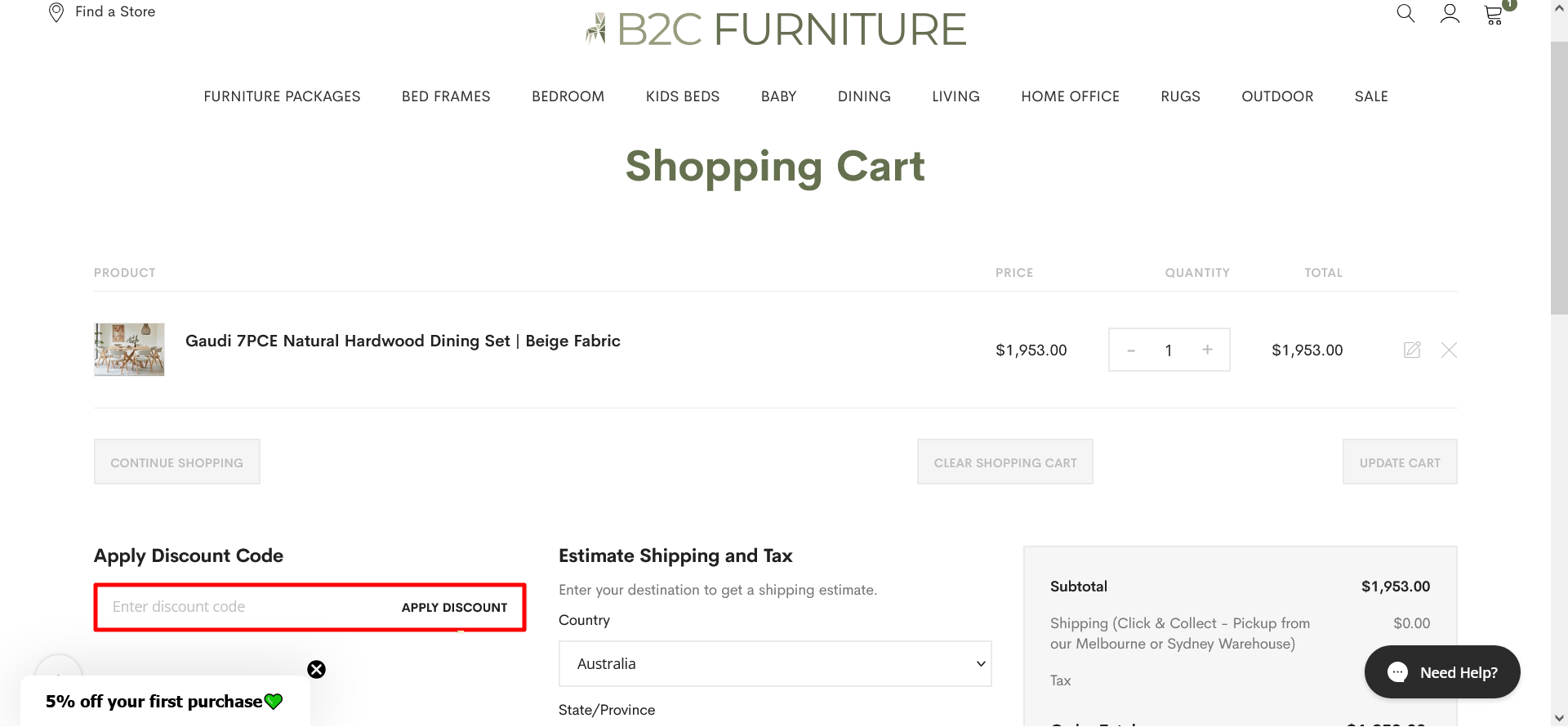 The B2C Furniture checkout page is where to enter your code