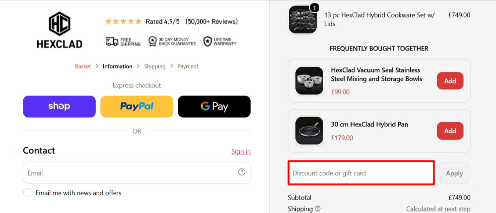 Applying a HEXCLAD promo code in the shopping cart to save money.
