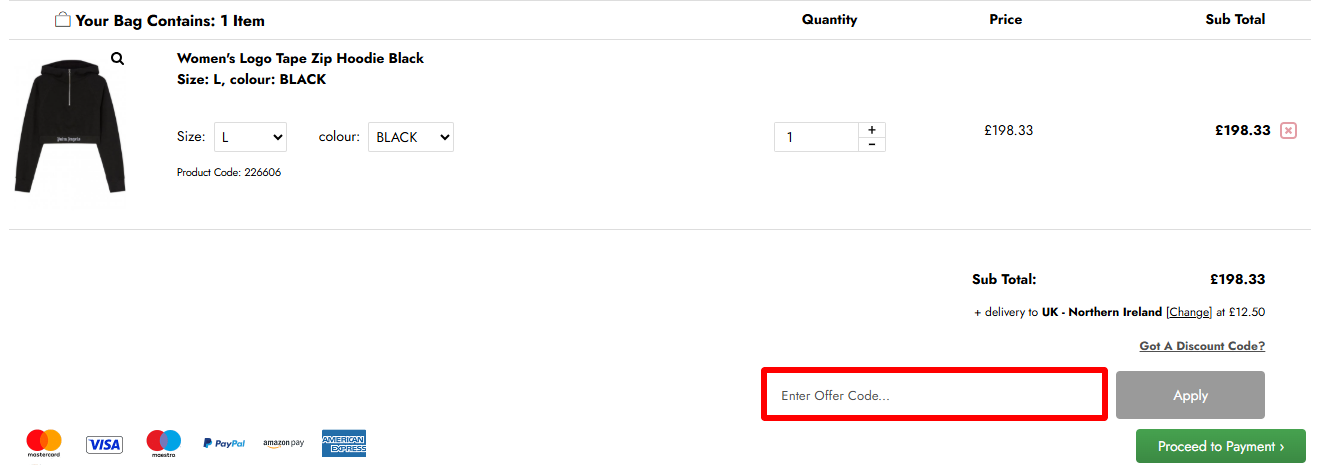 The Circle Fashion checkout page with where to paste the Circle Fashion discount code highlighted in a red box.
