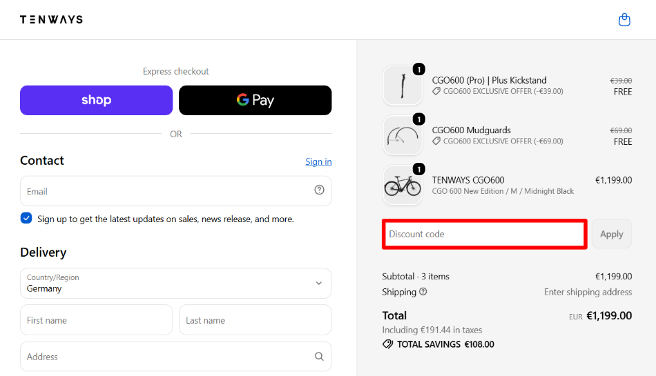 Checkout page where you can apply your promo code