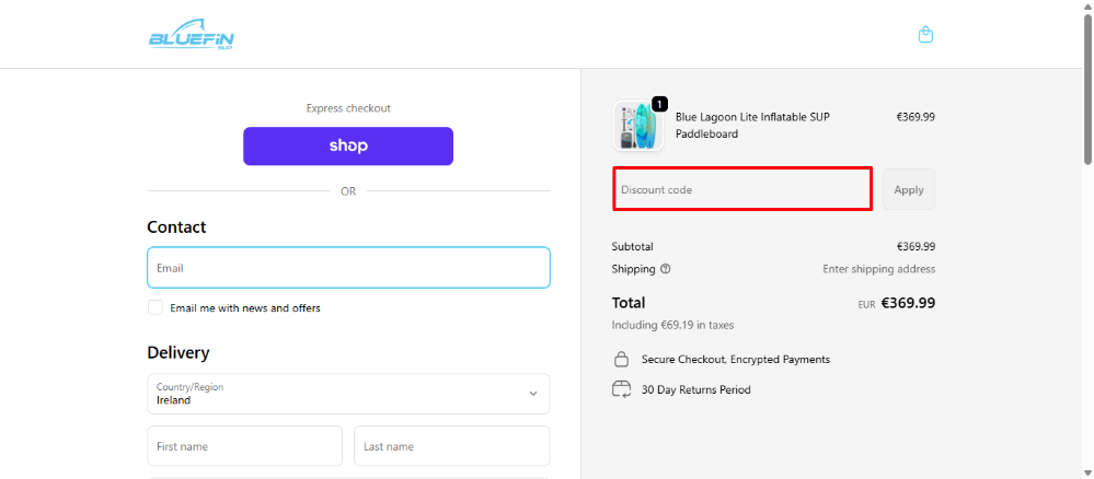 Apply your Bluefin SUP promo code as seen in this picture