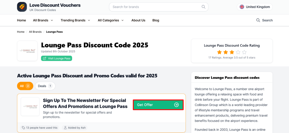The page where you find a Lounge Pass offer on Love Discount Vouchers.