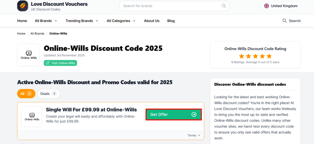 The page where you select an Online-Wills offer
