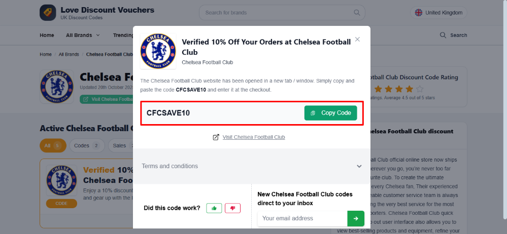 Love Discount Vouchers Chelsea Football Club voucher code highlighted by a red box