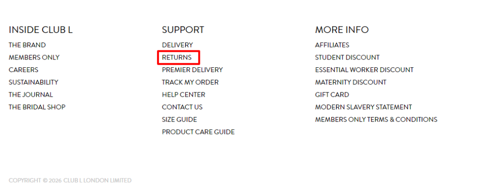 brand website with a red box around returns