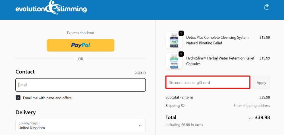 The Evolution Slimming checkout page