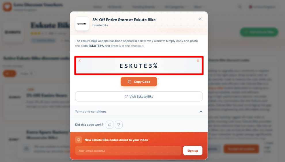 Copy your code and visit Eskute Bike to start shopping