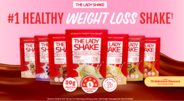 Different The Lady Shake flavors on display with visible text on a pink and red background