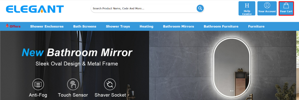 The Elegant Showers home page with the shopping categories and the shopping bag icon highlighted with a red box