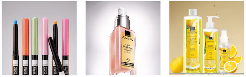 Drei Bilder, die jeweils andere Kosmetik und Beauty-Artikel von Avon abbilden