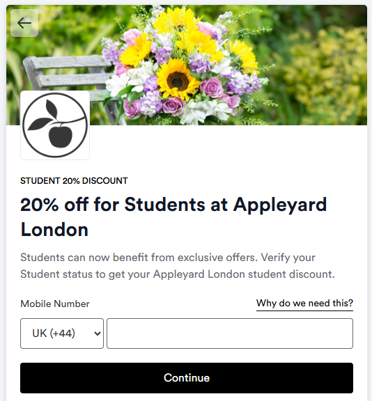 The Appleyard Flowers student discount information page.