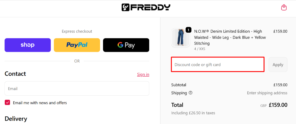 The Freddy checkout page with where to paste the Freddy voucher code in a red box 