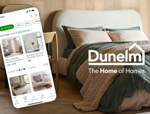 The Dunelm App with different buying options and a bed with bedding from Dunelm