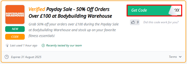 A red box will revealed a Bodybuilding Warehouse discount code