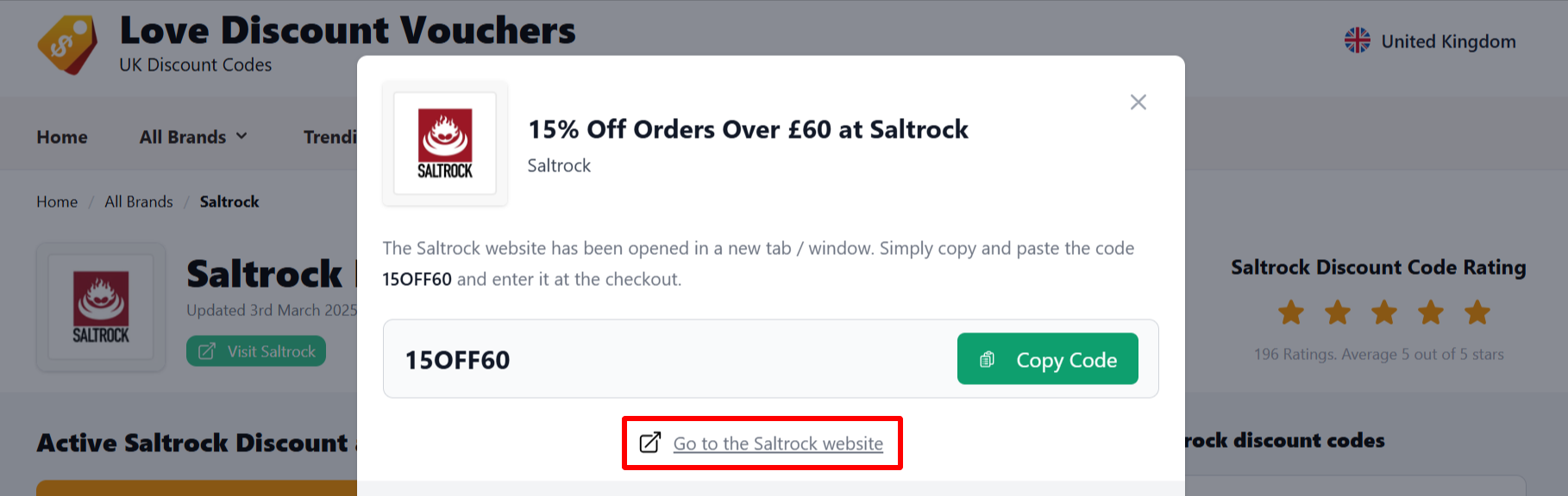 The highlighted red box shows the link that takes you to the Saltrock website