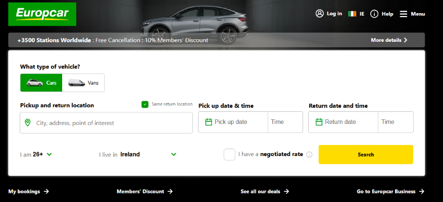 Europcar's homepage where you enter your travel details