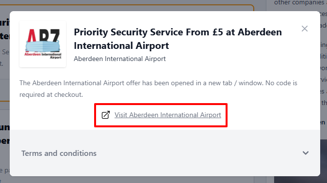 AA Aberdeen International Airport offer with "Got to the Aberdeen International Airport website" in a red box.
