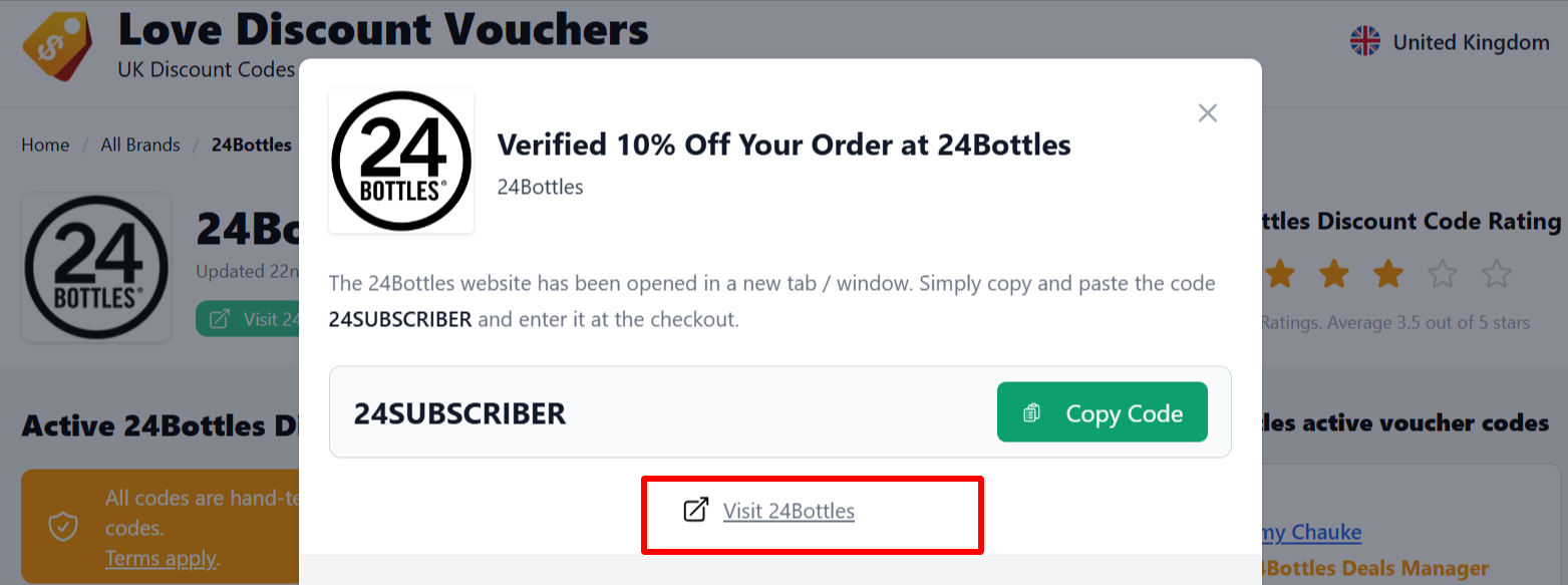 The highlighted red box shows the link that takes you to the 24Bottles website