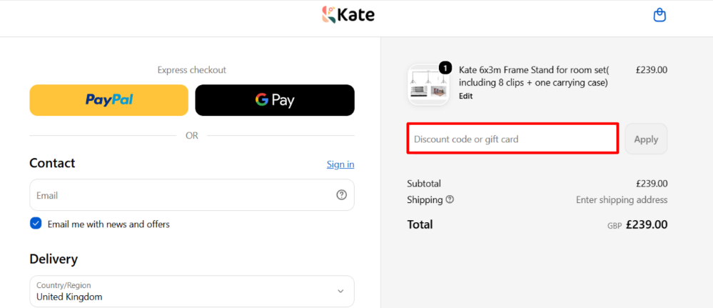 Checking out and pasting a Kate code in the promotional code box