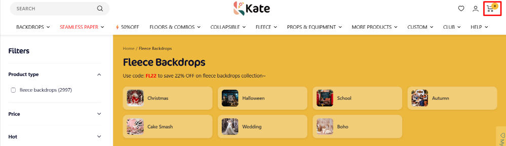 Shopping on the Kate website for fleece backdrops
