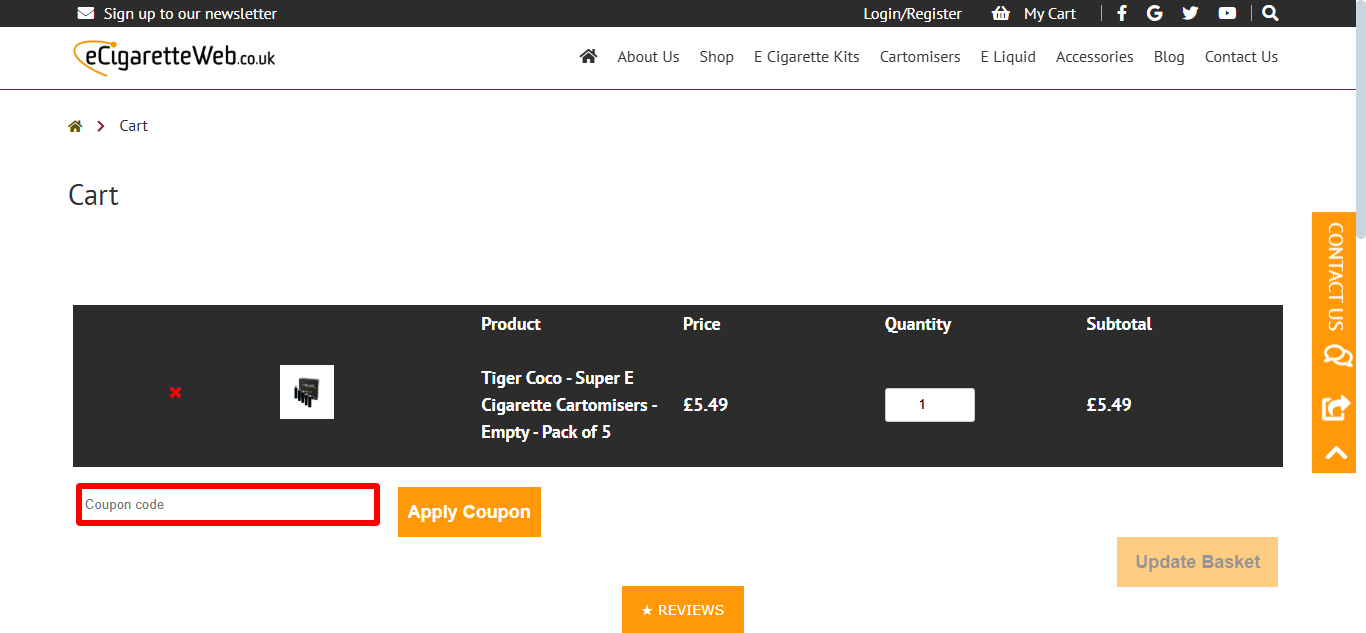 Use your E Cigarette Web voucher code in the cart section to apply it to your order
