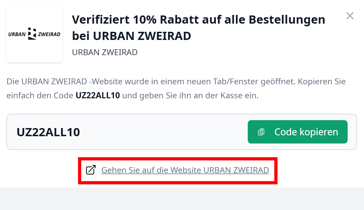 Ein Gutscheincode von URBAN ZWEIRAD mit einem rotmarkiertem Link darunter