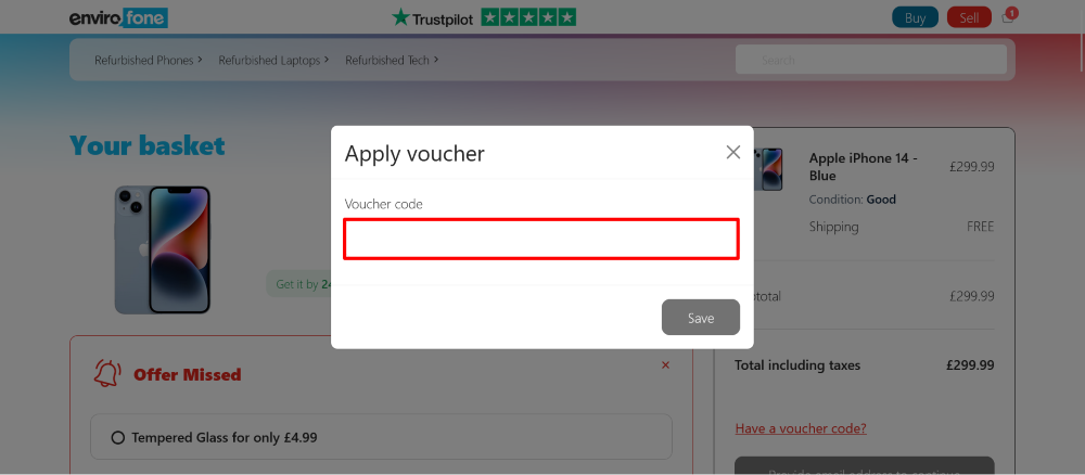 Envirofone checout page where a discount code is applied