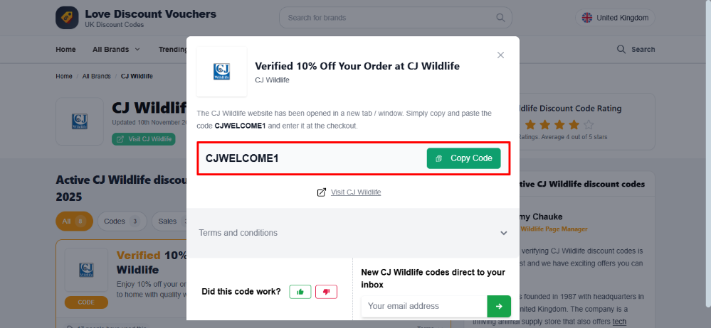 CJ Wildlife discount code July 2026 in a red box