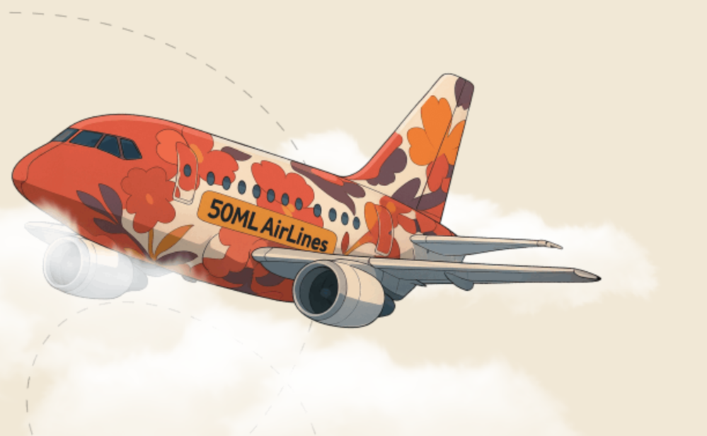 Grafik eines bunten Flugzeugs, mit Verweis auf 50ml darauf