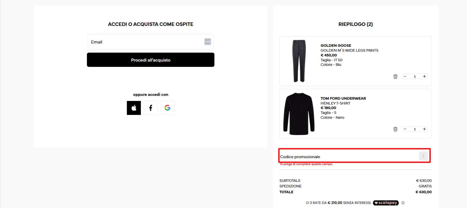 carrello del sito ufficiale Bernardelli dove poter inserire il codice sconto Bernardelli nel riquadro rosso e poter attivare la promozione