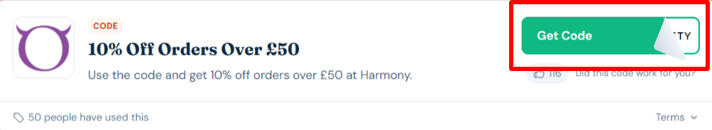 A Harmony voucher code with "Get Code" in a red box