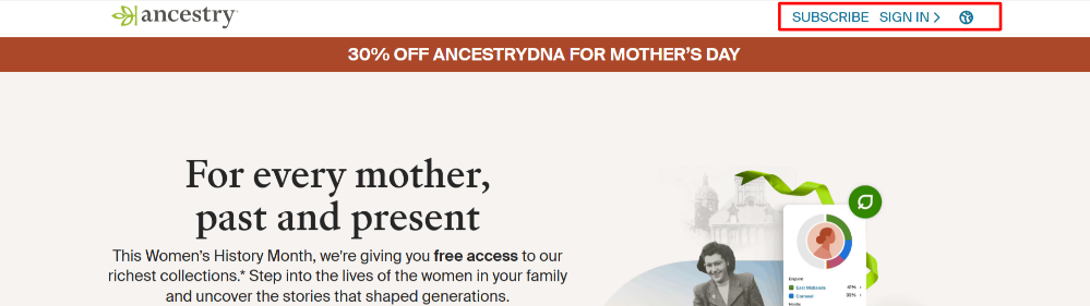 The Ancestry website and the buttons highlighted with a red box