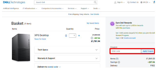 Dell discount box with an overview of items to be bought