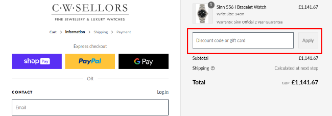 A box where you can add your C.W. Sellors promo code to redeem it