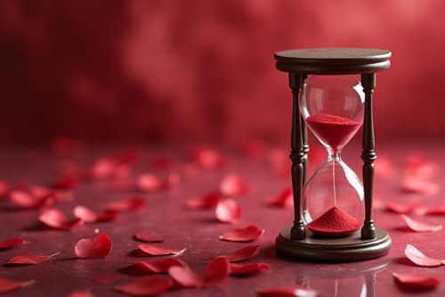 Eine kleine Sanduhr auf einer rötlichen Oberfläche voller Rosenblätter